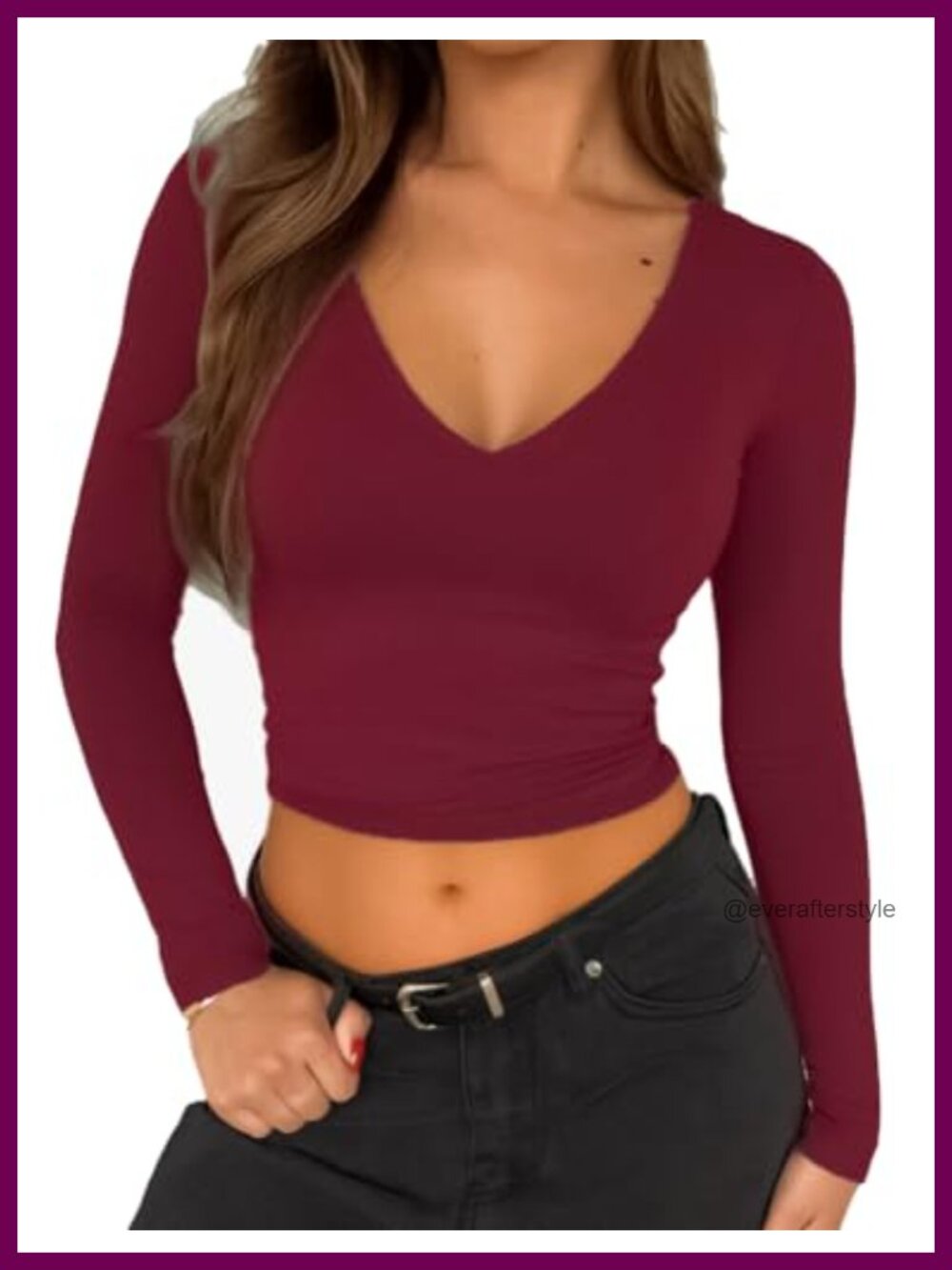 Womens Long Sleeve V Neck Crop Top Double Lined Slim Fit Going Out Tee